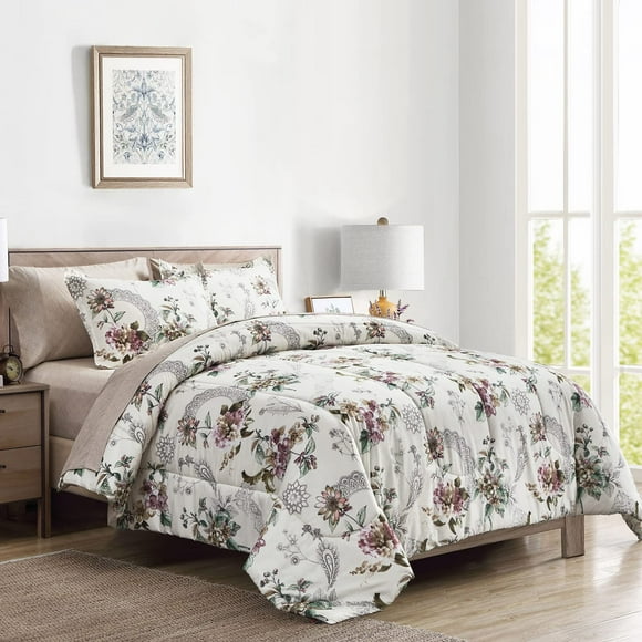 Juego de ropa de cama Flysheep de 7 piezas, tamaño queen con edredón, estampado floral, color beige