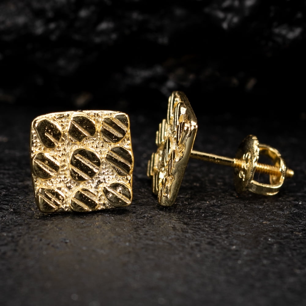 Square Shape 14K Yellow Gold Plated 925 Sterling Silver Screw Back Post Diamond Cut Retro 90's Hip Hop 9.5mm Solid Gold Textured Nugget Stud Earrings