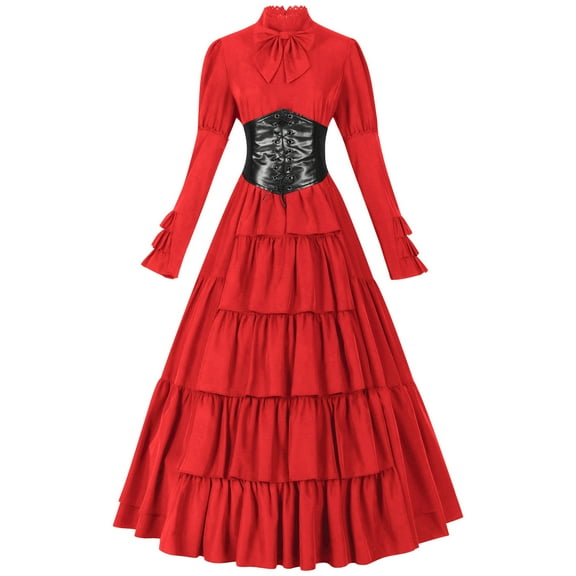 Oksale Medieval Dresses for Women Renaissance Victorian Dress with Bow Dector Long Sleeve Corset Dresses Lace Up Corset Dress Waist Dresses for Party Red