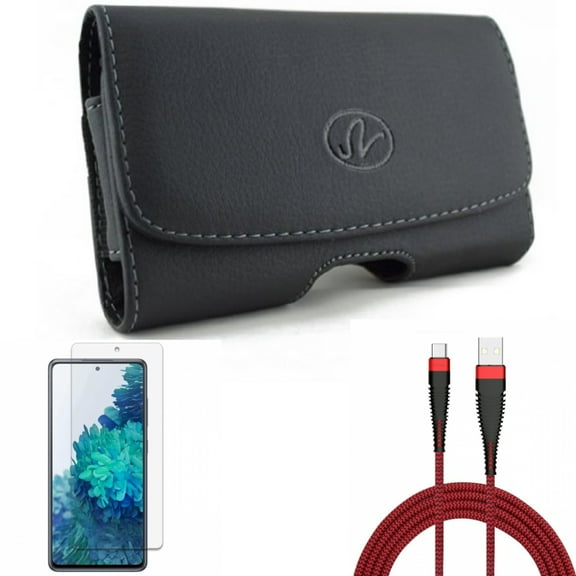 Case Belt Clip & Screen Protector & 10ft USB Cable for Samsung Galaxy S20 Fan Edition - Leather Swivel   Anti-Glare Tempered Glass   Type-C Charger Cord Combo