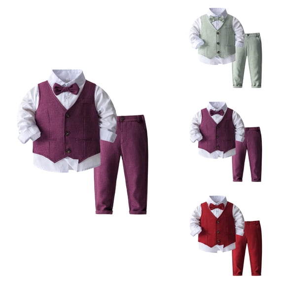 Elegant Boy Formal Wear Suit Set, 3/4-Piece Gentleman Tuxedo Outfit with Vest, Pants, Collared Dress Shirt, and Tie for Wedding and School Clothes