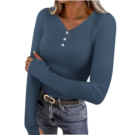 Atogsazn Women's V Neck Blouse Casual Button Ribbed Knit Thermal Underwear Tunic Tops Pullover Sweater Clothing 02-Navy XXL Fashion