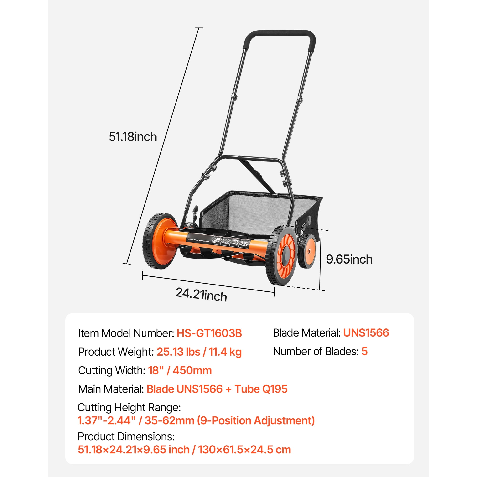 KFFKFF 18-Inch Manual Push Reel Lawn Mower, 5-Blade Design, Adjustable Cutting Height from 1.37 to 2.44 Inches, Walk-Behind Mower with Grass Collection Bag for Lawns, Driveways, and Courtyards