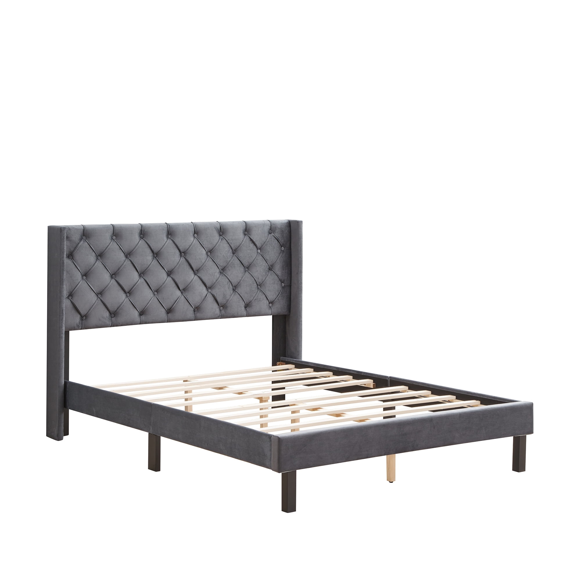 ASINMAK Queen Size Gray Velvet Upholstered Platform Bed Frame with Wingback Headboard