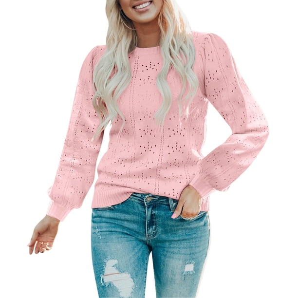 Gibobby Suéter de Cuello Redondo para Mujer, uéteres de manga larga para mujer, ligeros, de punto con cuello redondo(Rosa,G)