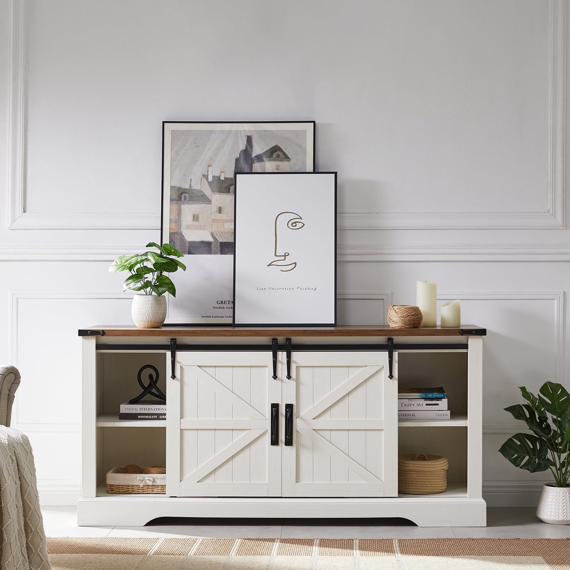 OKD Modern Wood Farmhouse TV Stand with Barndoor for TVs up to 65