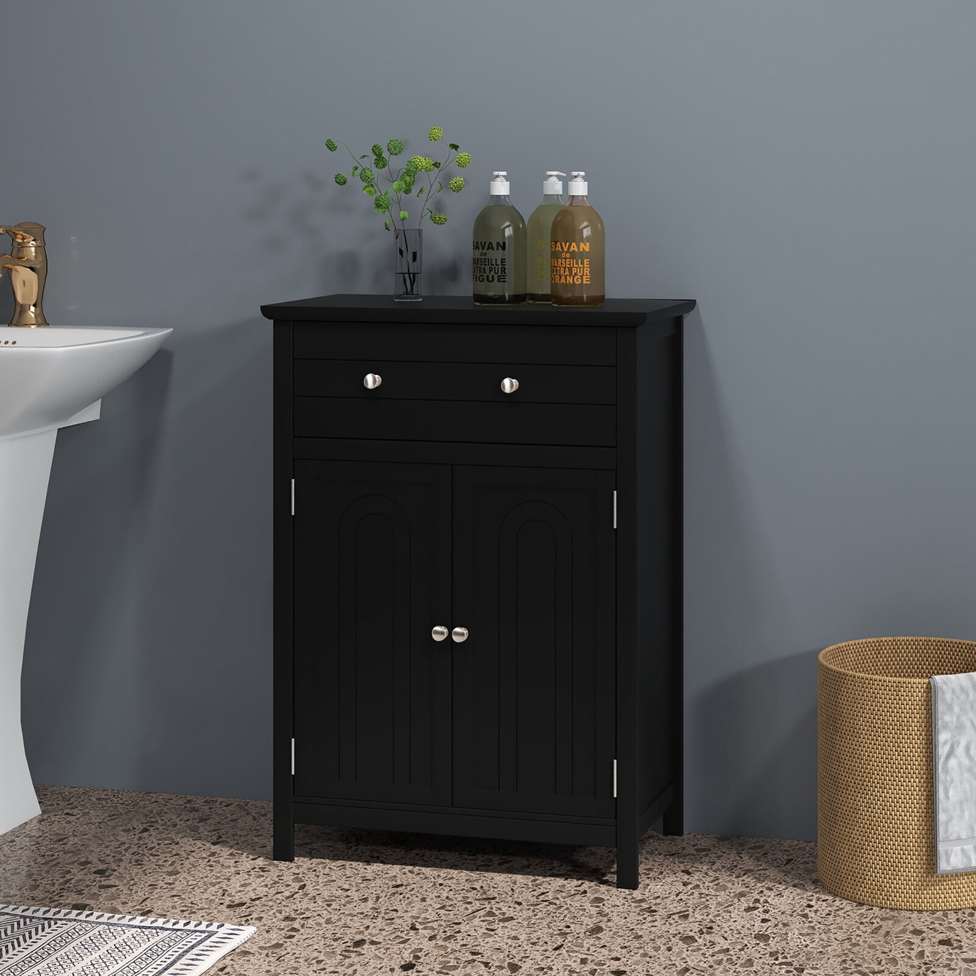 Gymax Bathroom Floor Cabinet Wooden Storage Organizer with Drawer & Doors Blcak