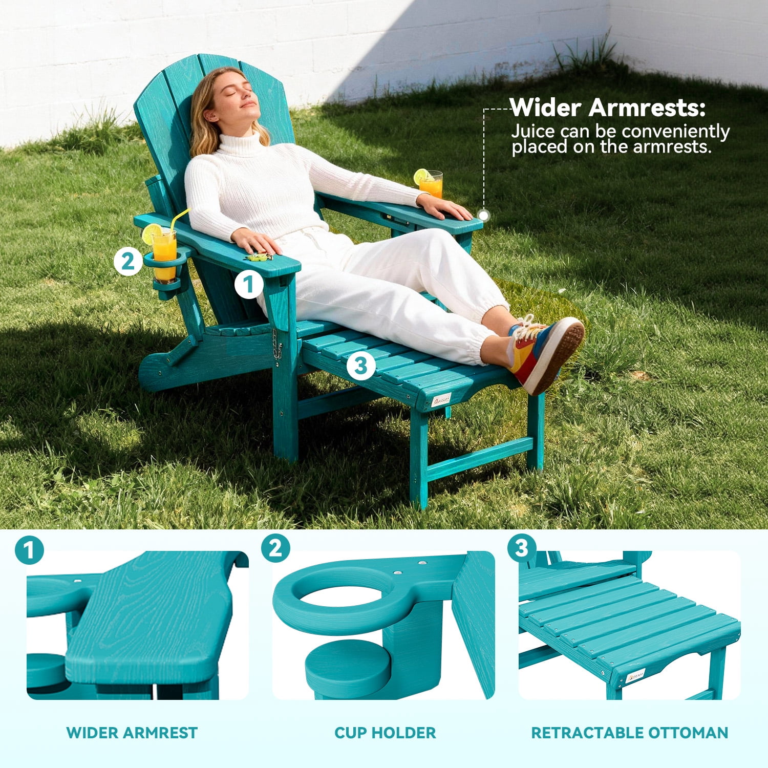 Erinnyees 3-Level Adjustable Adirondack Chair with Retractable Ottoman, HDPE All-Weather Folding Fire Pit Chair with 2 Cup Holders, Outdoor Chair for Garden