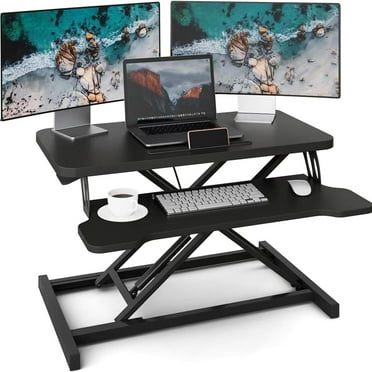 Height Adjustable Stand Up Desk Converter, Laptop Sit Stand Desk Riser for Table Tops and Home Office with Keyboard Tray, Black