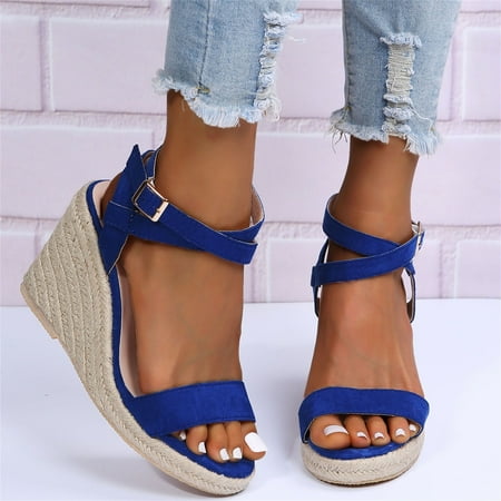 

NEGJ Ladies Shoes Wedge Straw Straw Suede Fish Mouth Breathable Buckle Strap Sandals