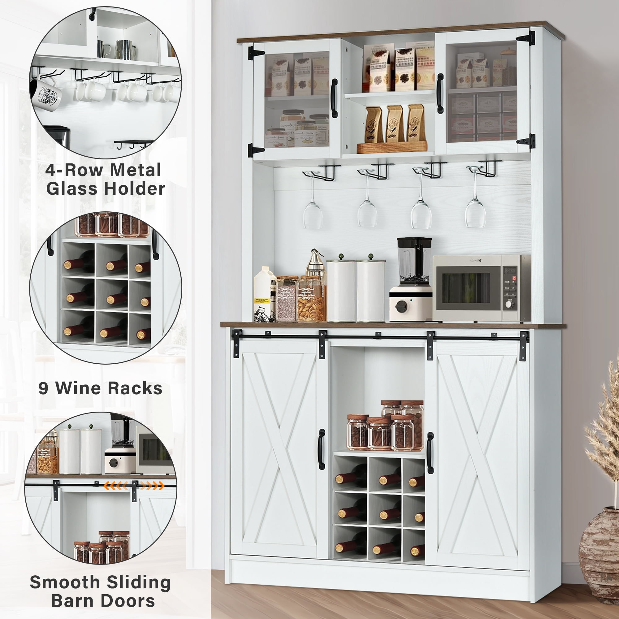 DreamCurship 72" Kitchen Pantry Storage Cabinet, Freestanding Cupboard Storage Buffet Hutch with Microwave Stand, Coffee Bar Cabinet with 9 Racks & 4 Row Wine Glass Holders, White