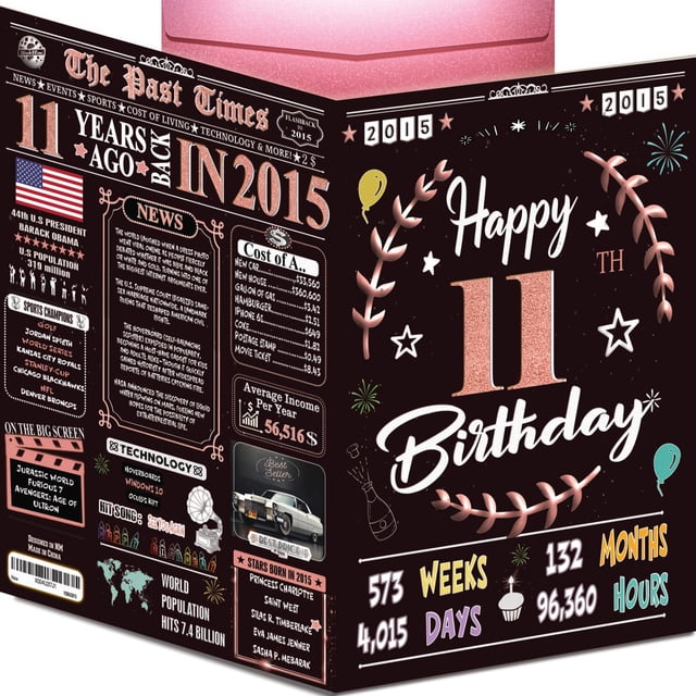 Tarjeta de cumpleaños de 2015, negra y dorada para el undécimo cumpleaños