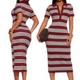 thumbnail image 3 of Women'S Lapel Collar Striped Short Sleeve Slim Bodycon Midi Dress Burgundy Tricolor M, 3 of 6