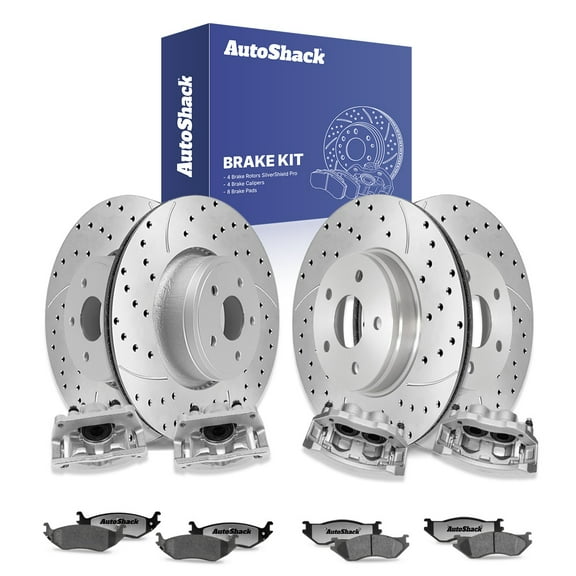 AutoShack Front & Rear Drilled & Slotted Brake Rotors Ceramic Brake Pads Calipers | Replacement for 2002-2004 Dodge Ram 1500 2004 Durango RWD | Silver Zinc Coated | 16-PC Brake Kit | SilverShield Pro