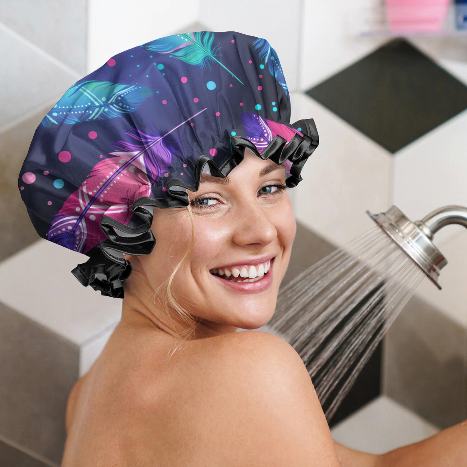 Shower Caps,Neon Feather with Dots Pattern Waterproof Shower Cap for Women 4 Pieces,Double Reusable Hair Cover for Shower PEVA Elastic Stretch Hem