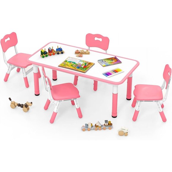 INFANS Ensemble Table et Chaises pour Enfants, Bureau pour Tout-Petits à Hauteur Réglable et 4 Chaises avec Plateau Anti-Graffiti et Pattes Antidérapantes, Grande Table d'Art Multi-Activités 47 Pouces L x 23.5 Pouces L pour Garderie, Classe, Maison