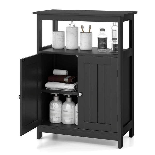 Costway Bathroom Floor Cabinet Freestanding Storage Organizer with 2 Doors Open Compartment Black