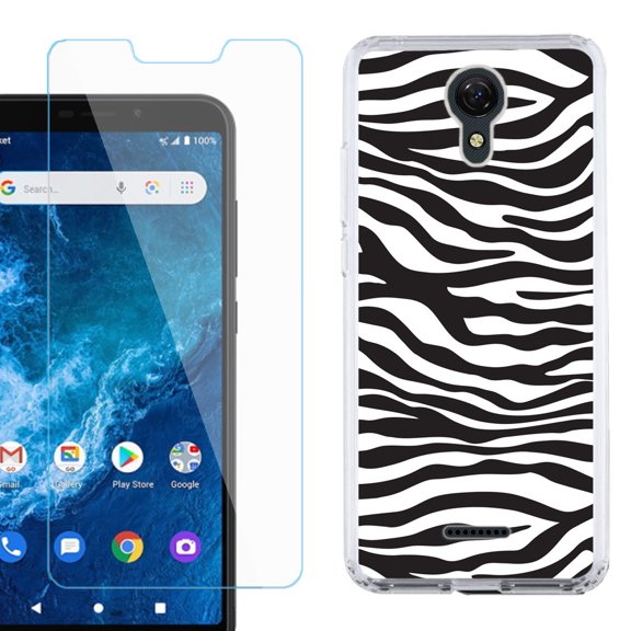 Slim-Fit Protective Phone Case compatible with Cricket Icon 2, with Tempered Glass Screen Protector, by OneToughShield ® - Zebra B/W