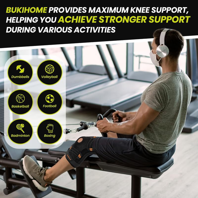 Bukihome Knee Brace Support with Gel Pads & Side Stabilizers, Adjustable Compression for Pain Relief, Meniscus Tear, Arthritis, ACL, MCL. Ideal for Running, Working Out, Sports (Large)