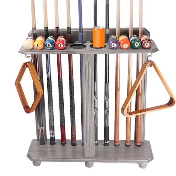 GSE Games & Sports Expert Floor Stand Billiard Pool Cue Racks Only Holds 10 Pool Cue Sticks 2 Drink Holders Billiard Ball Racks and Full Set of Balls (Brushed Grey)
