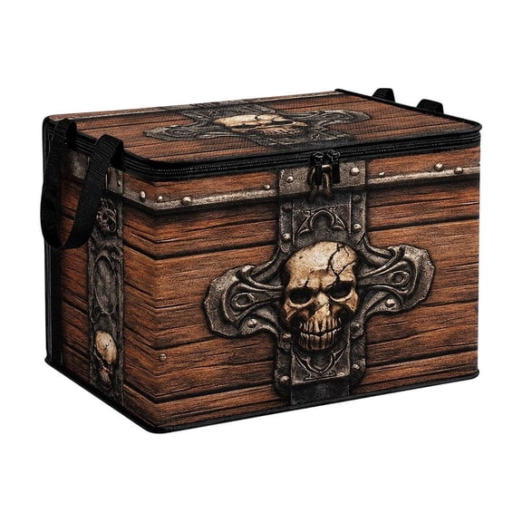 1Pc Halloween Storage Bin, Skull Treasure Chest Print Zipper Lid, Decorative Storage Basket for Shelves, Car Trunk, Home Decor Gift