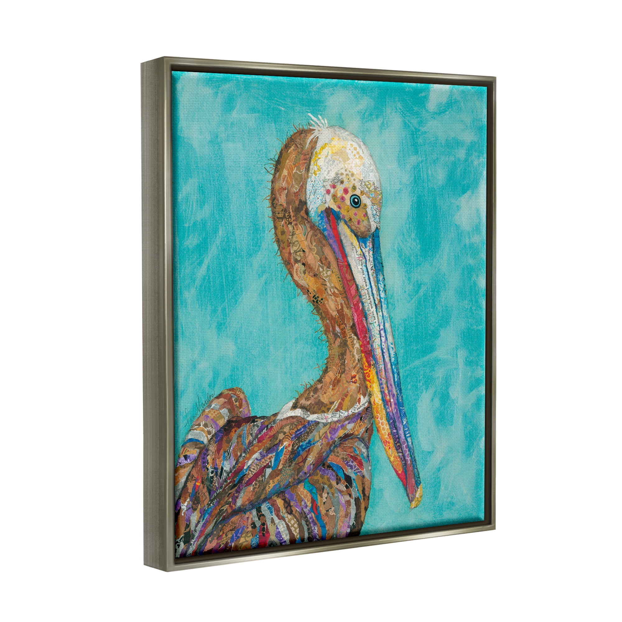 Stupell Industries Beautiful Pelican Bird Vivid Collaged Patterns Design Painting Luster Gray Floating Framed Canvas Print Wall Art, Design by Lisa Morales