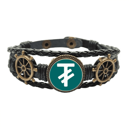 Currency Symbol Mongolia Tugrik MNT Leather Braided Ocean Bracelet Wristband