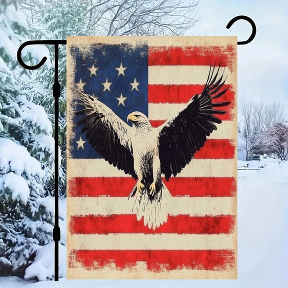 RKSupls Patriotic Linen Double Sided Garden Flag, Independence Day Themed Yard Decor, Vintage Eagle with Spread Wings on American Flag Outdoor Banner for Holiday Lawn
