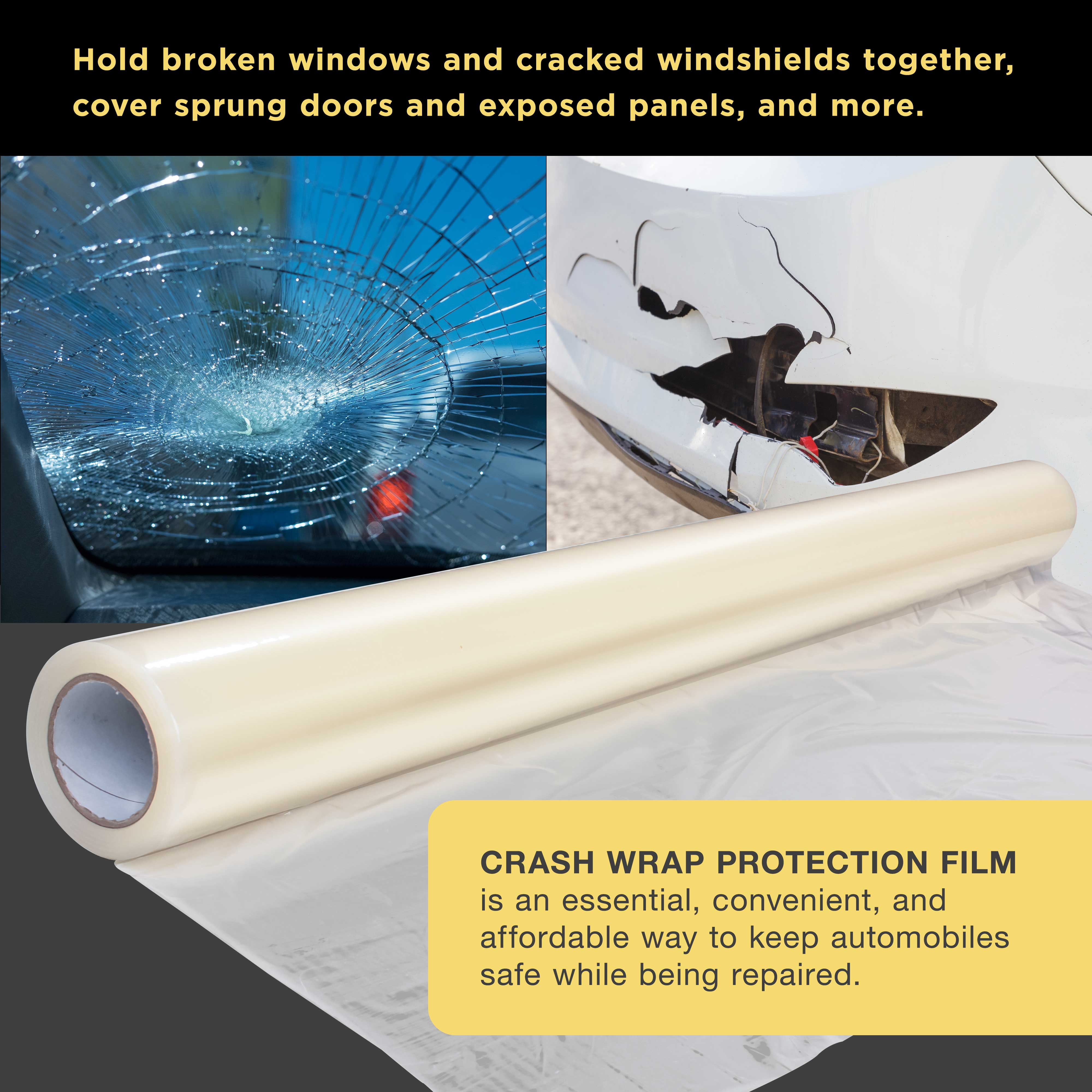 Dura-Gold Crash Wrap Film, 36-inch x 100' Roll - Strong Clear Auto Collision Wrap, Weather, Rain, Dust Protection for Damaged Vehicles, Broken Car Windows Windshields - Attaches Securely, Easy Removal