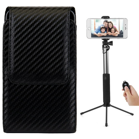 BUNDLE: Professional Carbon Fiber Design Vegan Leather Vertical Smartphone Holster Case (Black) & Selfie Stick Mini Tripod 2.0 (Silver) - fits Smartphones up to 6.2-inch iPhone XR/XS/X/8 Galaxy S10/S9