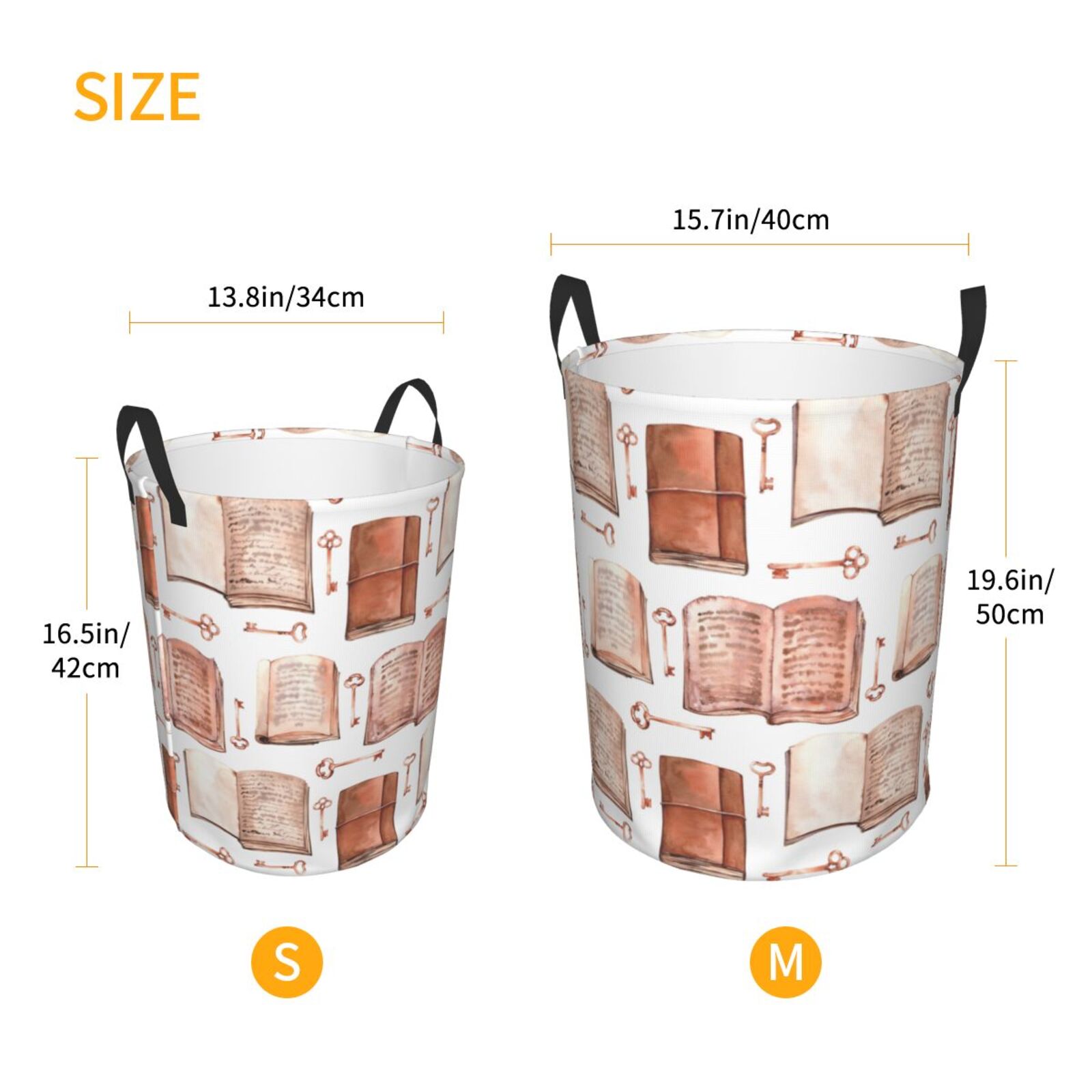 Large Laundry Basket with Handles - vintage key open books print Kids Baby Dirty Clothes Laundry Hamper for Bedroom Aesthetic