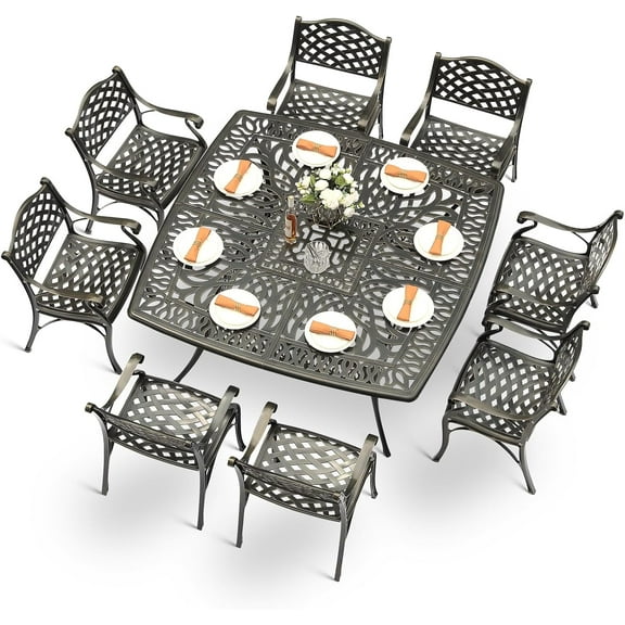 MEETWARM 9-Piece Outdoor Furniture Dining Set for 8, All Weather Cast Aluminum Patio Dining Set- Large 64" Square Table and 8 Chairs, Patio Table and Chairs Set for Garden, Umbrella Hole, Dark Bronze