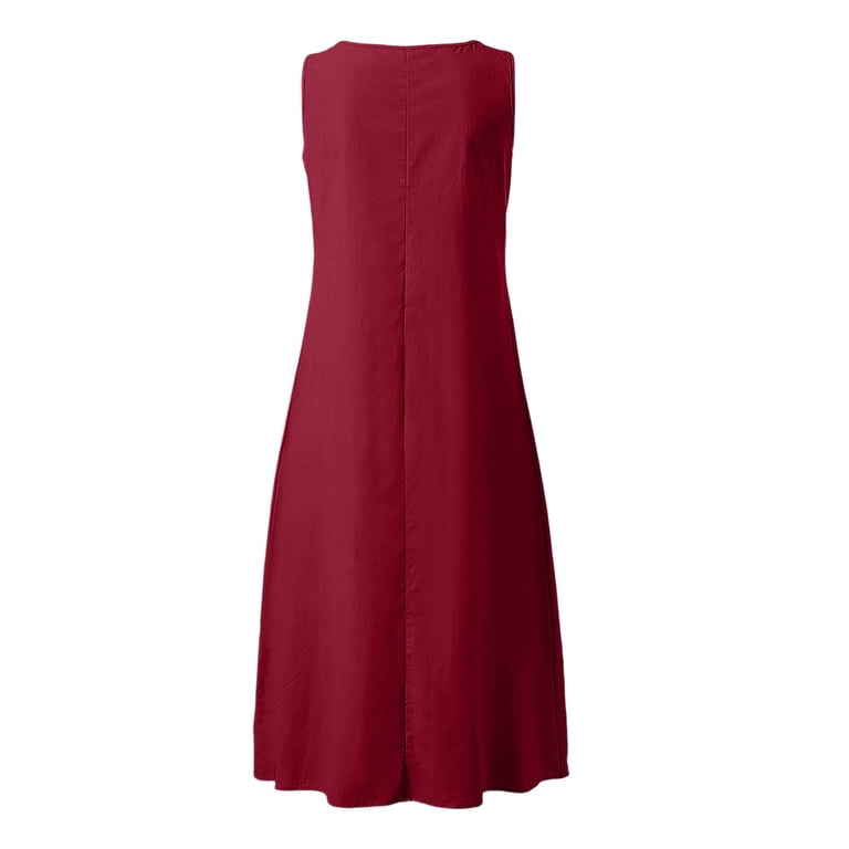 Wyobmus Womens Cotton Linen Dress for Size S-5Xl Casual Loose Summer Sleeveless V Neck Tank Dresses with Pockets Shift Vacation Outfits C-Burgundy,