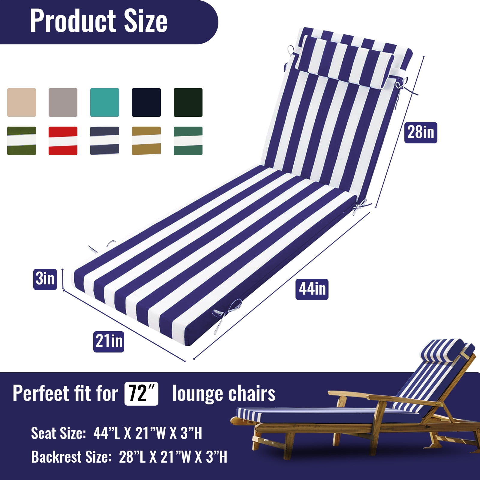 SDJPOI Outdoor Chaise Lounge Cushions, 72×21×3in Patio Chair Cushion for Pool & Beach（Blue White）