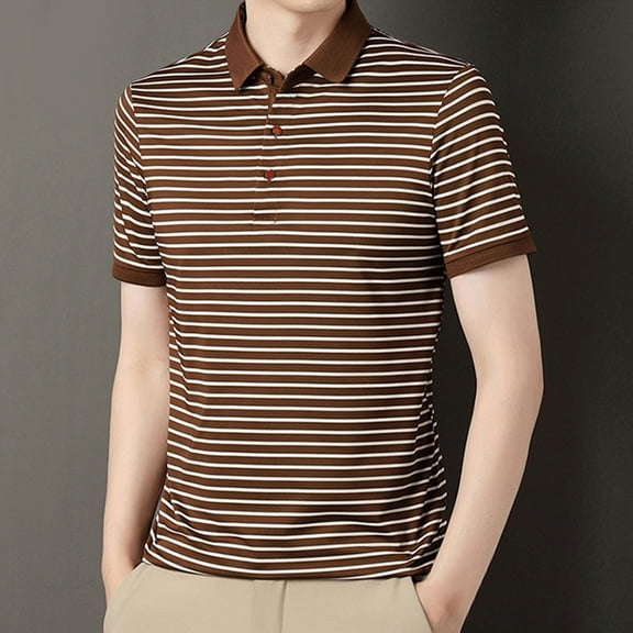 QUINDOS Shirts for Men Casual Collared Short Sleeve Polo Shirts Loose Moisture Wicking Striped Summer T-shirts