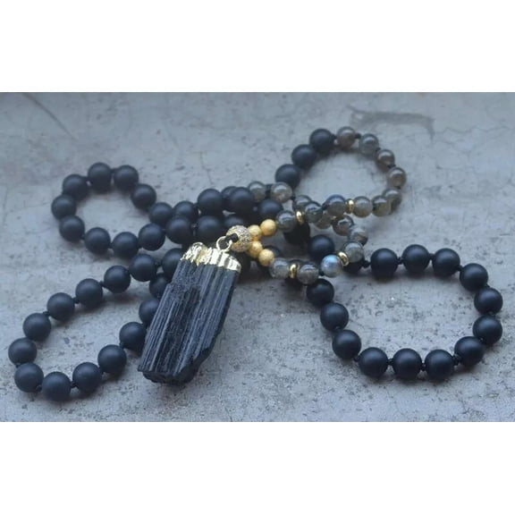 EOEMY Natural Black Tourmaline Pendant Labradorite Knot Beads Handmade Necklace 30Inch