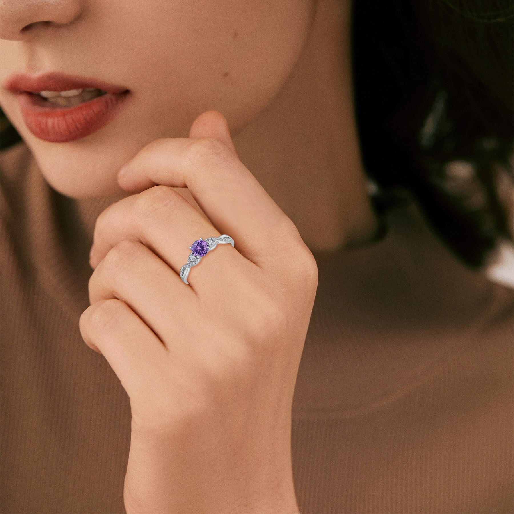 FJ Promise Rings for Her 925 Sterling Silver Engagement Ring Anniversary Wedding Eternity Ring Amethyst February Birthstone Jewelry for Women Size 8