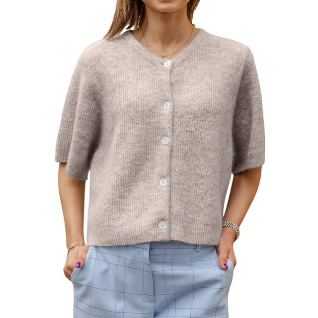Gupgi Women Knitted Cardigan Short Sleeve Button Down Knit Crop Tops Solid Color Open Front Sweater