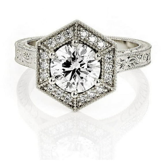 HeartsAndYou 2ct Round Cut Moissanite Engagement Ring for Women 18k White Gold over Silver Halo Antique Inspired Vintage Inspired