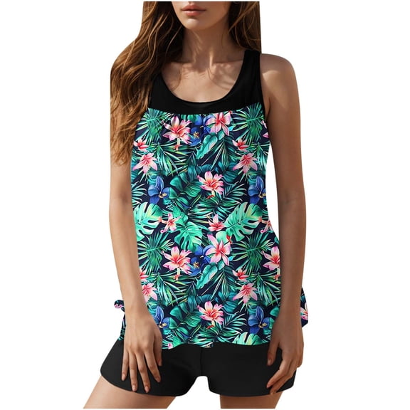 Levmjia Women's High Waisted Modest Floral Print Tankini Swimsuit Set, Two Piece Bikini with Shorts, Plus Size Swimsuits for Women S - 2XL, Nylon Spandex Beachwear Cover Up