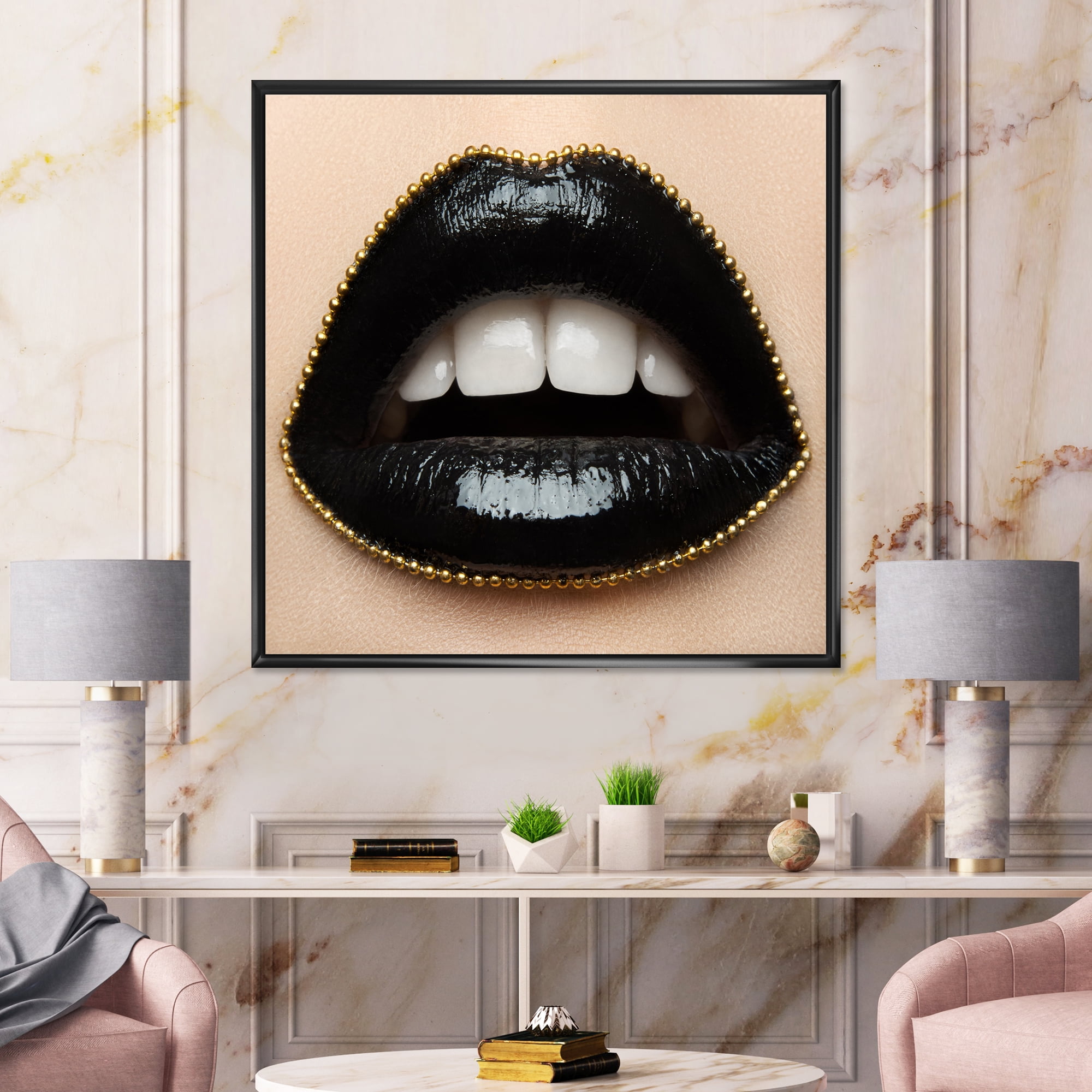 Designart 'Woman Lips With Black Lipstick & A Gold Chain' Modern Framed Canvas Wall Art Print