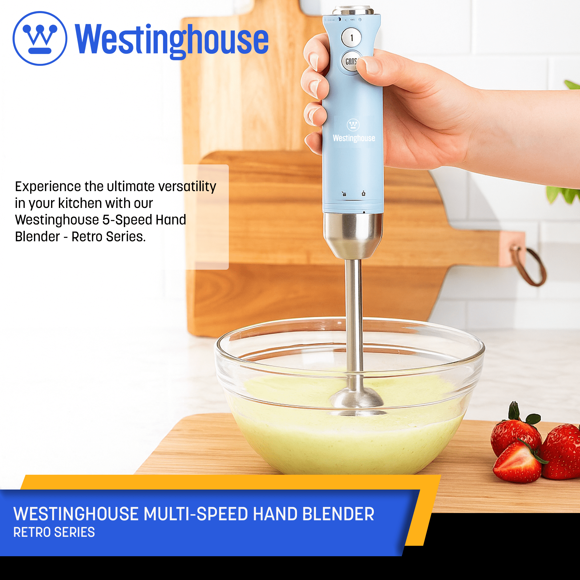 Westinghouse Hand Blender - 5-Speed Immersion Blender with Turbo Function, Stainless Steel Blades & Rod, 500W Power, Detachable Easy Clean Design, Best for Smoothies & Soups - Retro Appliance, Blue