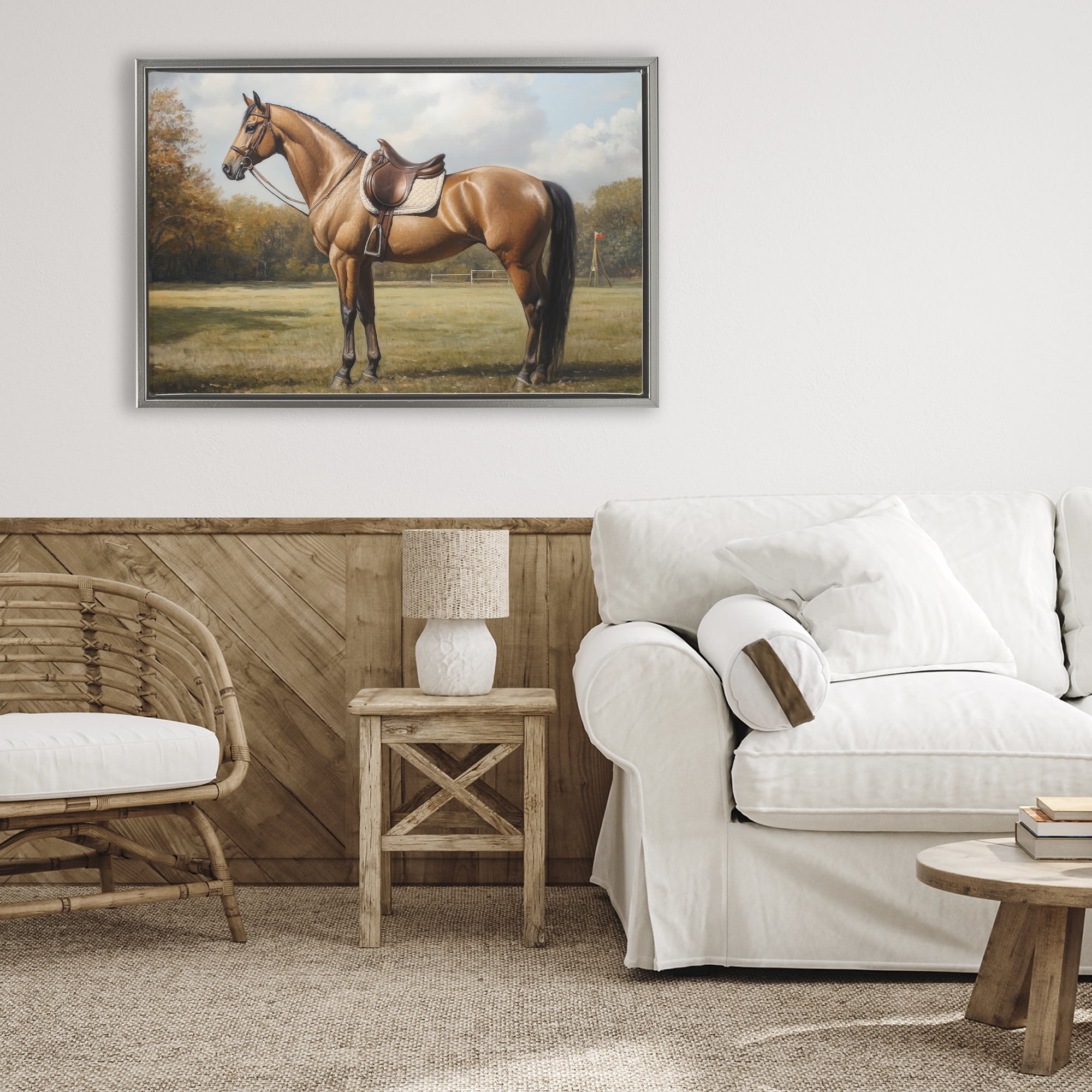Stupell Industries Show Ready Horse with Saddle Gray Framed Floater Canvas Wall Art, design by Petal Prints Design