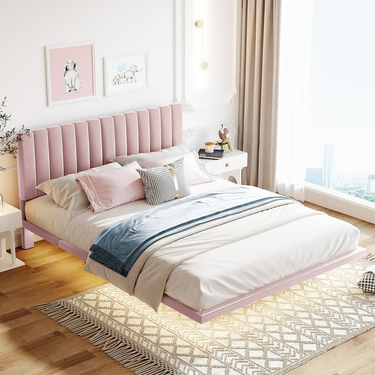 Upholstered Platform Bed Floating Bedframe with Sensor Light & Tufted  Headboard, Queen Bed Frame No Box Spring Needed, Velvet Bed Frames Queen  Size for Kids, Teen & Adults, Pink 