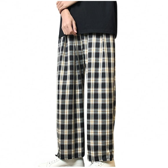 hotojiny Men's Plaid Pants Loose Fit Elastic Waist Casual Streetwear Baggy Cinch Bottom Drawstring Trousers with Pockets