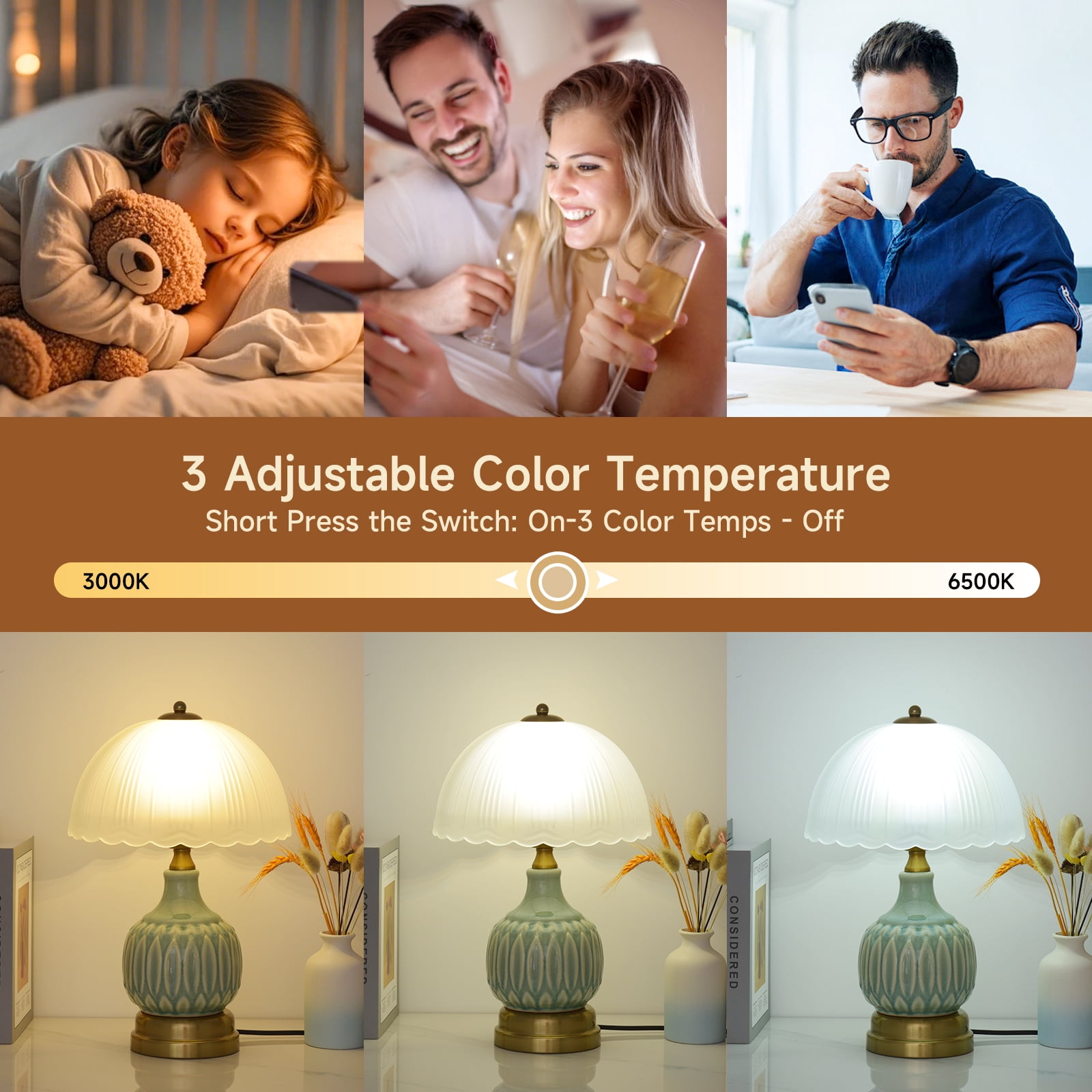 Table Lamps for Bedroom Vintage Golden Table Lamps for Bedroom Ceramic Retro Lamp for Living Room,16" Modern Bedside Nightstand Traditional Lamps, Classic Chinoiserie Green Glass Lamp for Home Decor