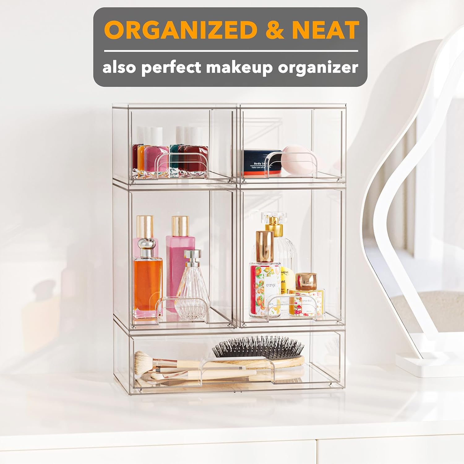Bottle Storage Organizer Baby - Acrylic Bottles Station Organizer Container, Stackable Clear Drawers for Countertop, Vanity, Bathroom, Cabinet, Pantry Organization, 5 Pack, 2S2M1L, 15.4" H