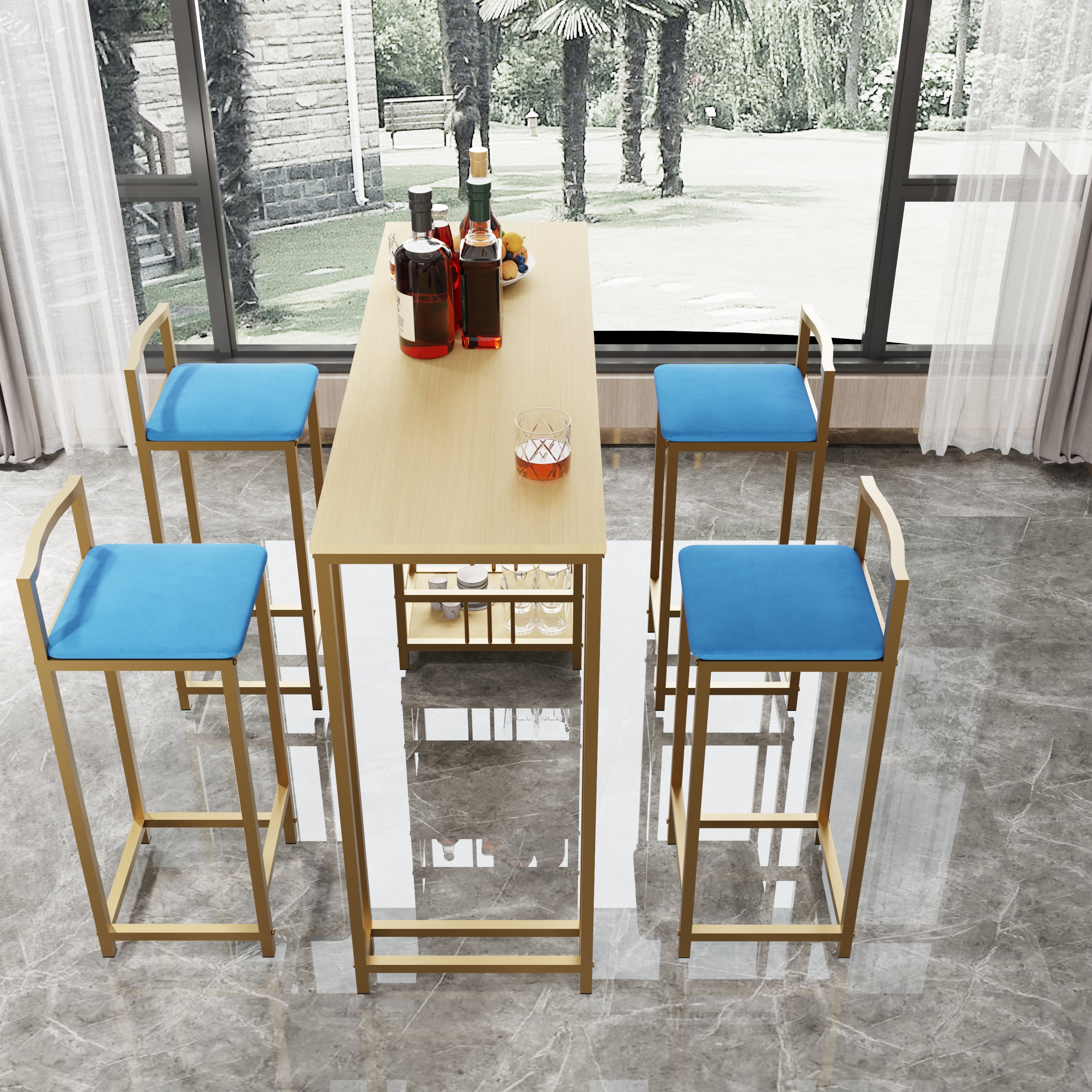 Aukfa 5 Pcs Dining Table Set, Bar Table and Chairs Set with storage cushions for Breakfast Kitchen Dining Room, Blue