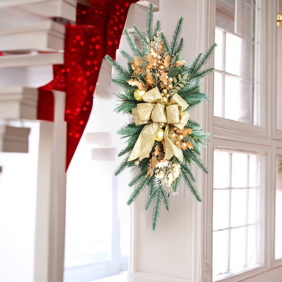 Christmas Bows,Christmas Pine Swag with Ribbon Bow for Front Door,Artificial Greenery Wreath with Pine Cones & Red Berries for Indoor Outdoor Decor Window Wall Home Holiday Decor(Gold)