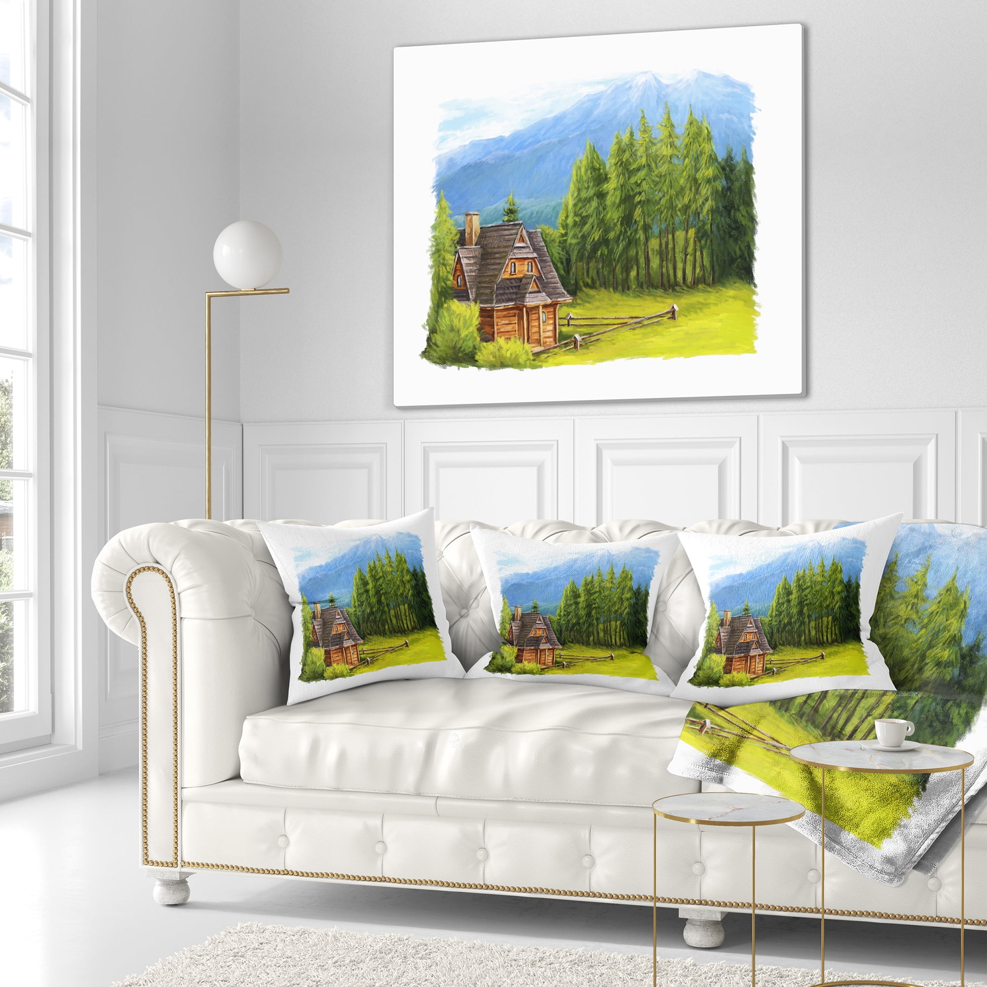 Designart Small Wooden Home in Mountains - Landscape Printed Throw Pillow - 16x16